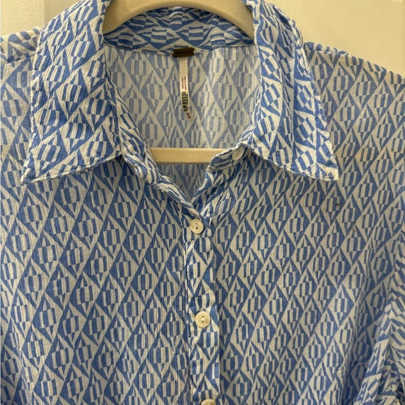 FREE PEOPLE Blue Patterned Shirt Tie Dress - Picture 4 of 7